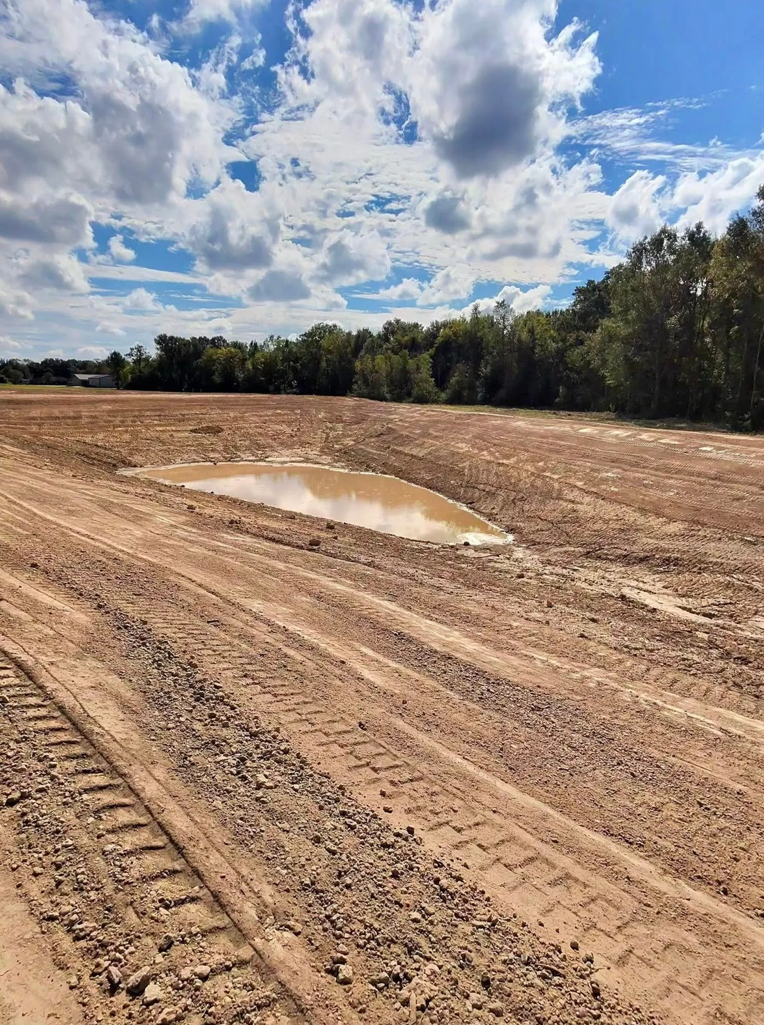 Prepared bare site surrounding a pond